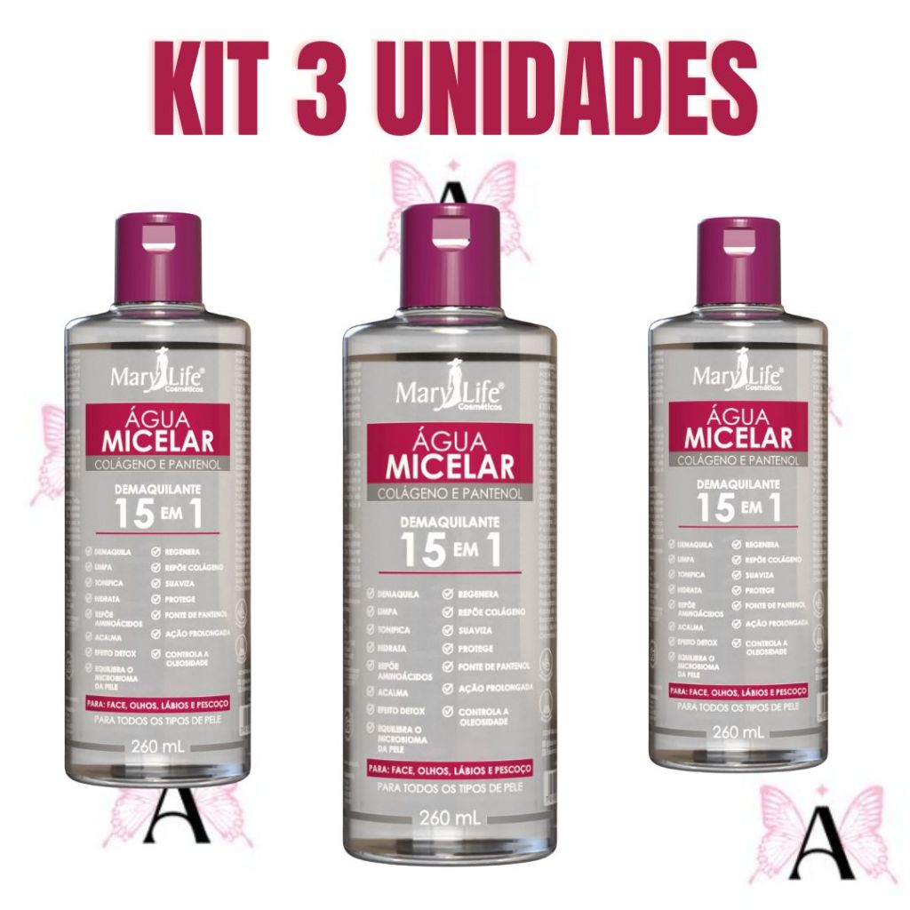 3 unidades Água Micelar  Colágenoe  Pantenol Demaquilante 15 em 1 Controle da Oleosidade Skin Care