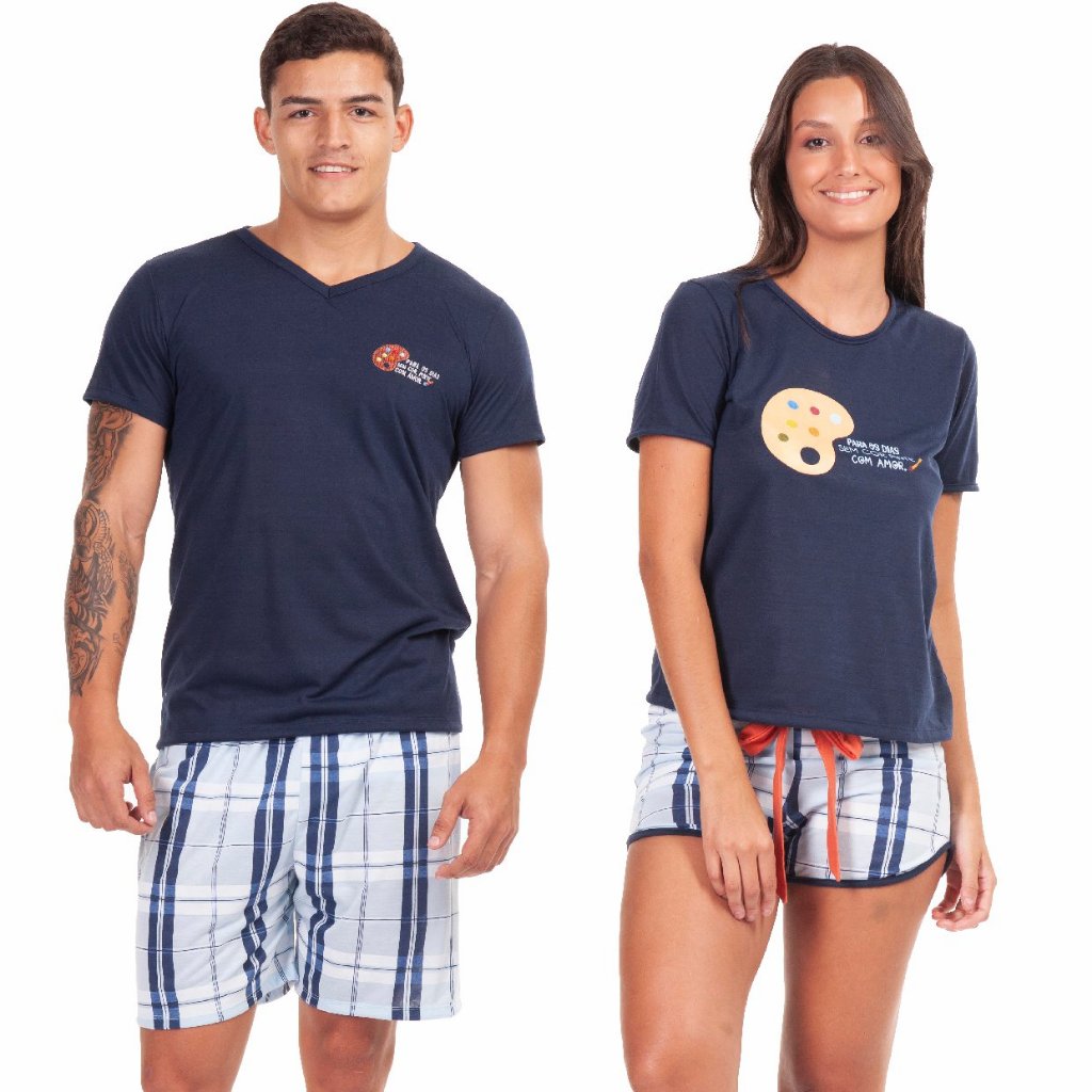 Kit Pijama Casal Curto Verão Noites Quentes Xadrez Manga Curta e Short