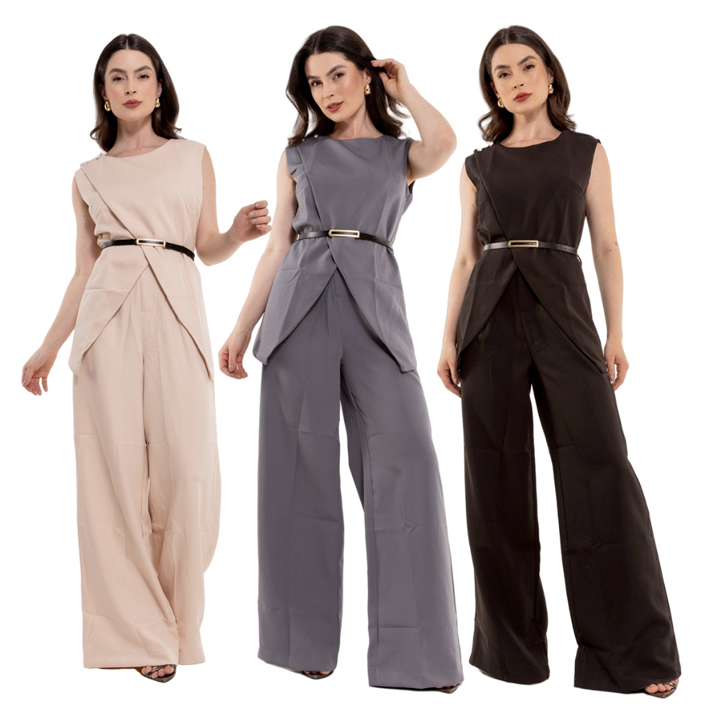 Conjunto Alfaiataria Feminino Colete Max Com Cinto Preto Calça Pantalona CON-056