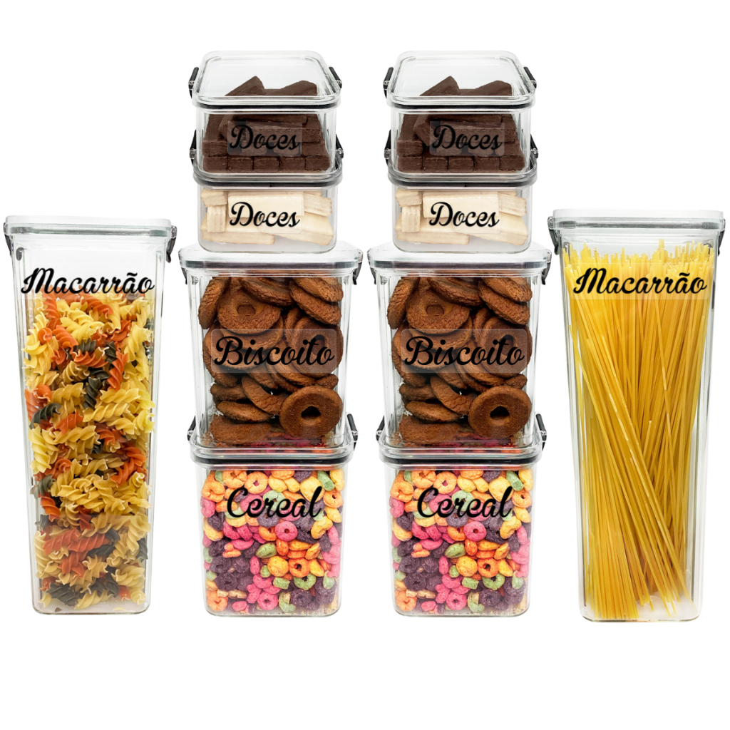 Jogo 10 Potes Herméticos Cozinha Armário Mantimentos e Alimentos + Etiquetas Transparente