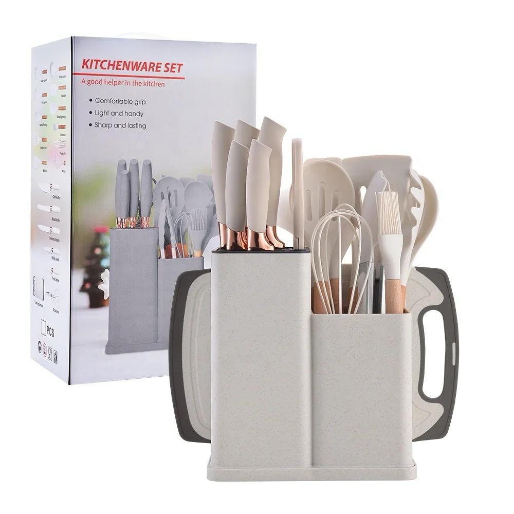 Kit Completo 19 Peças Utensílios Luxo De Silicone Jogo Cozinha Com Tábua Faca Tesoura Espá...