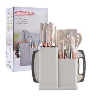 Kit Completo 19 Peças Utensílios Luxo De Silicone Jogo Cozinha Com Tábua Faca Tesoura Espá...