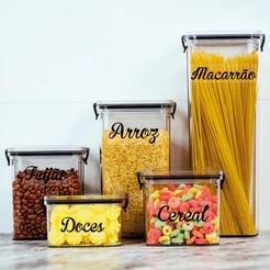 Kit de Potes Herméticos para Arroz Feijão Açúcar Farinhas Espaguete Grãos 5 Uni Tampa com Trava