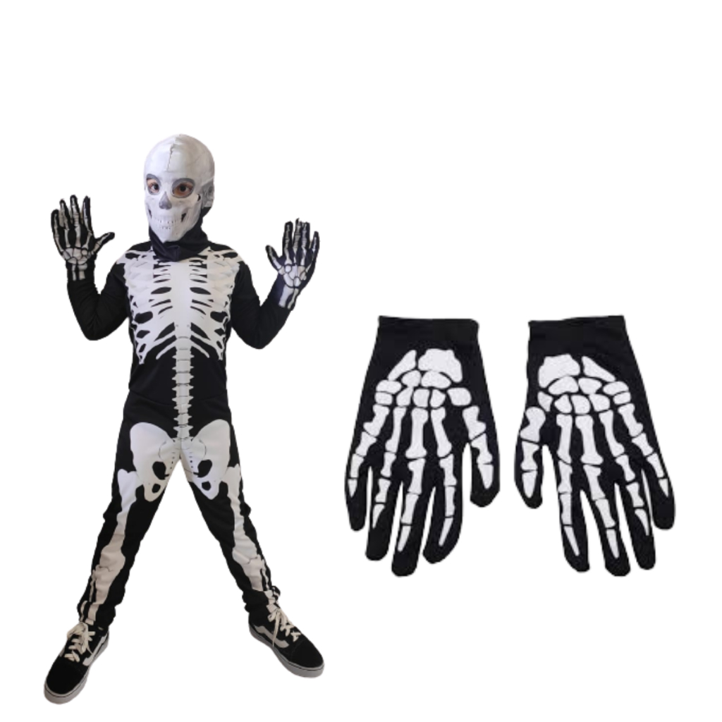 Fantasia Halloween Infantil Caveira longa Menino Kit com Máscara de Tecido e 01 Par de Luvas