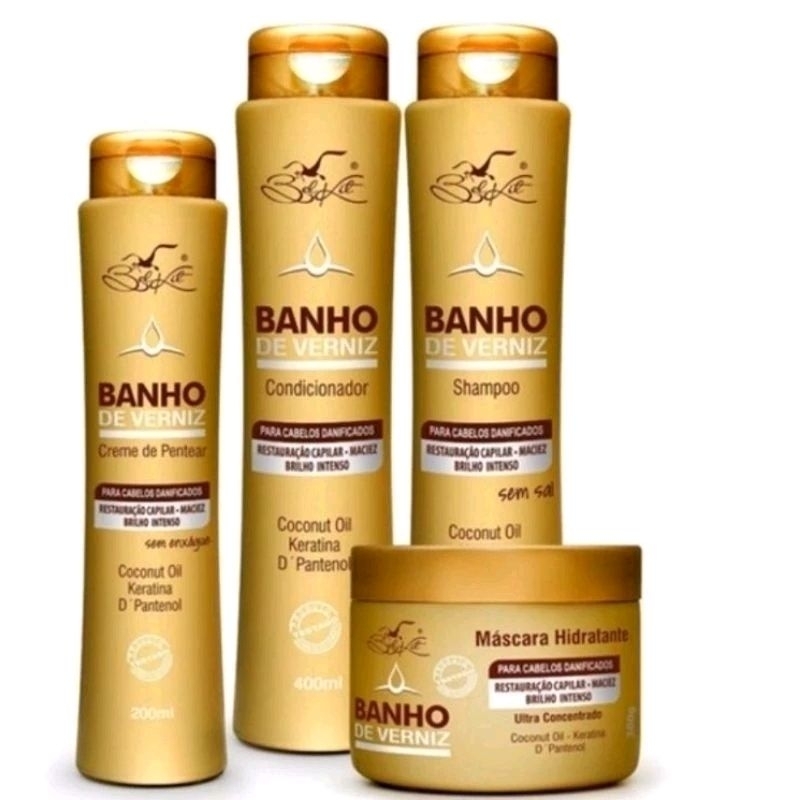 Kit Capilar Banho de Verniz Belkit 4 Produtos (Shampoo, Condicionador, Máscara e Leave-In)