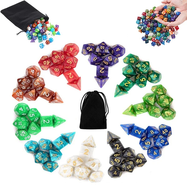 Conjunto Kit 7 Dados RPG de Mesa Multicores D4 D6 D8 D10 D10% D12 D20 + Bolsa de Veludo Dados Efeito Mármore Pérola Jogo de Tabuleiro RPG Várias Cores Saco Veludo