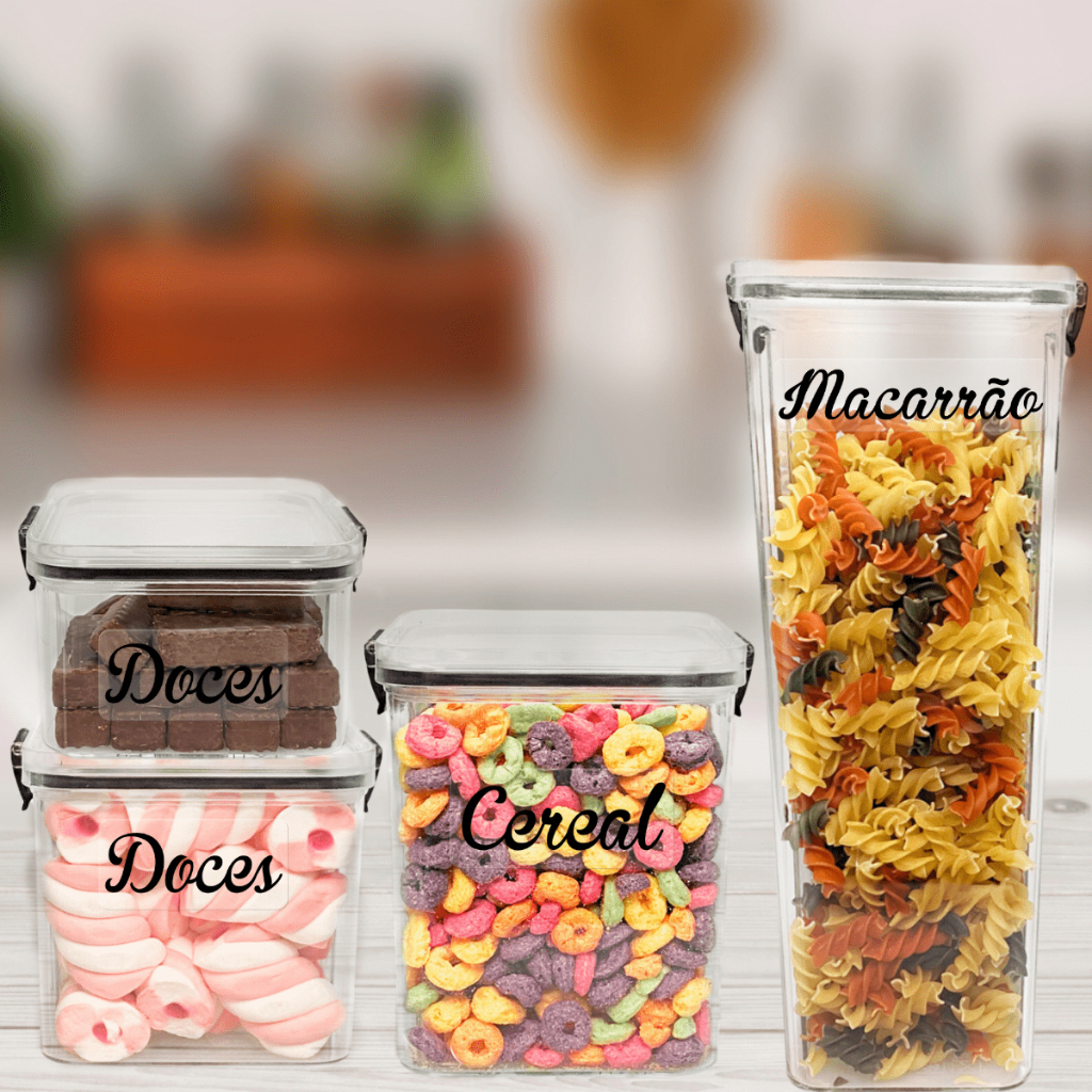 Kit 4 Potes Herméticos Empilhável com Trava Vedação P/Alimentos Mantimentos Cozinha Dispensa Bancada