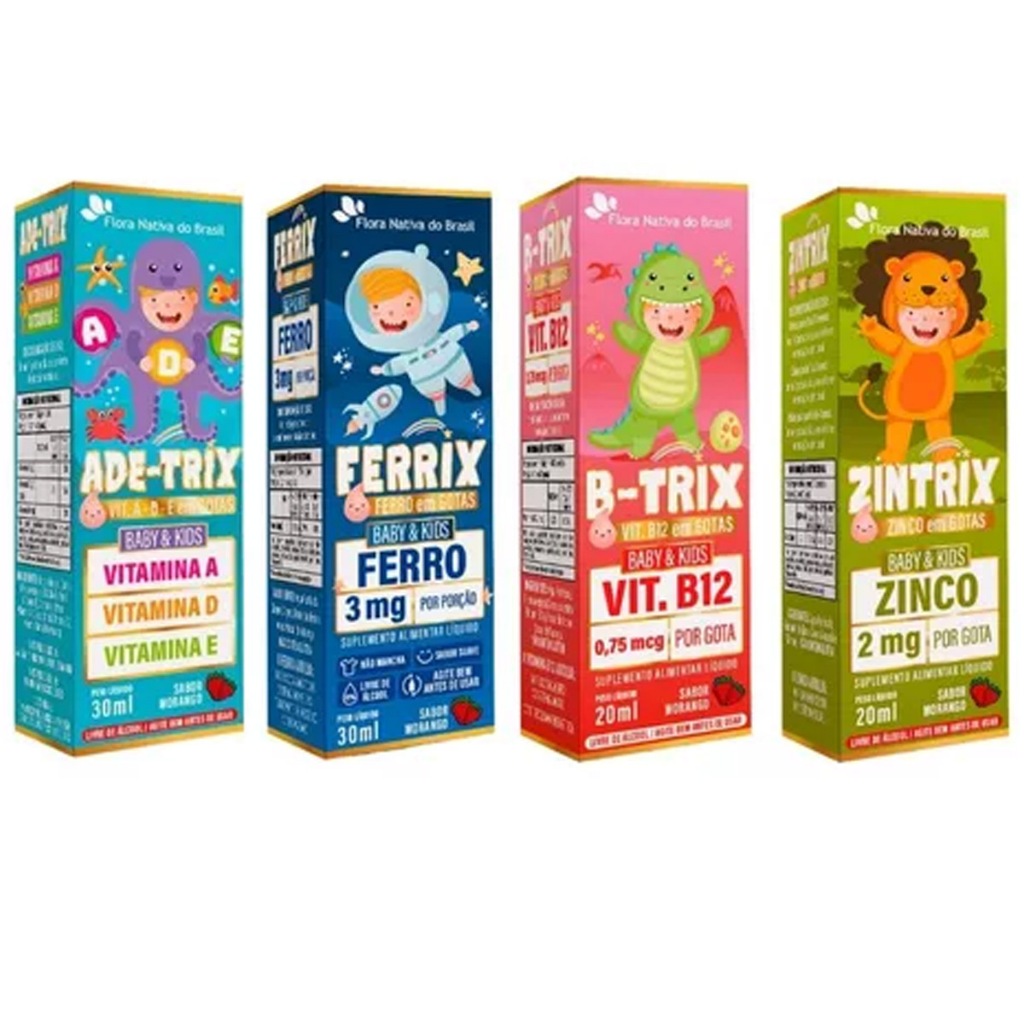 Kit Vitaminas B-trix 20ml + ADE-Trix 30ml + Ferrix 30ml + Zintrix 20ml em Oferta na Shopee