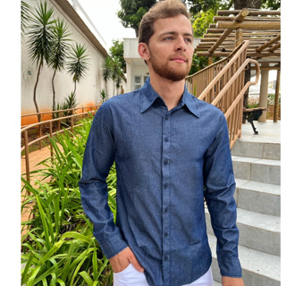 Camisa Masculina Algodão Jeans, Manga Longa, 100% Algodão Tradicional em Oferta na Shopee