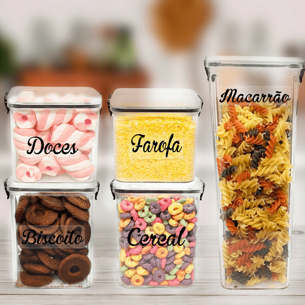 Kit 5 Potes Herméticos Empilháveis com Trava Vedação P/ Alimentos Mantimentos Cozinha Dispensa