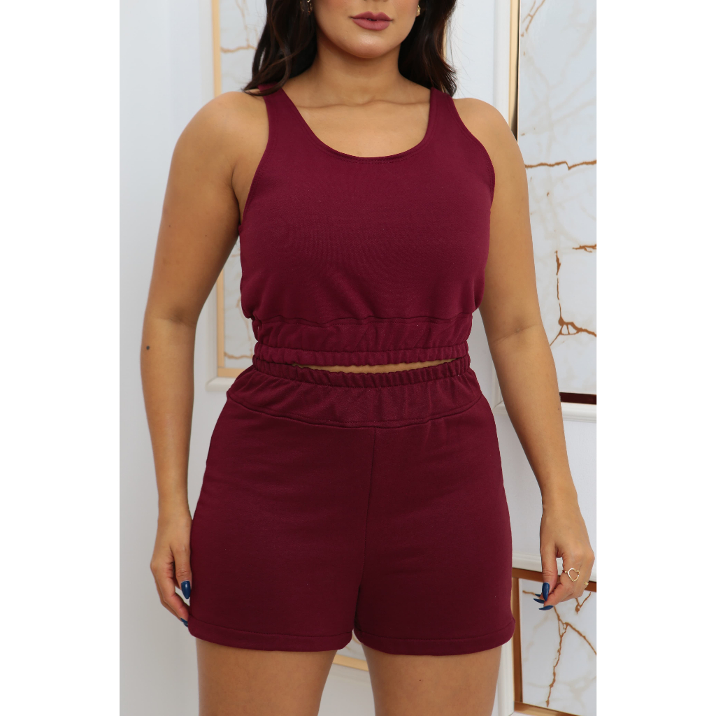 Conjunto Moletom Cropped Feminino + Bermuda Feminina Liso Verão Festa 01