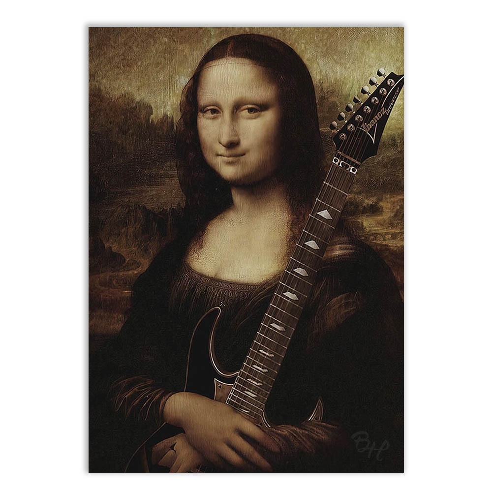 Placa Decorativa Monalisa Rockeira com Guitarra Rock Banda Heavy Metal Pintura Engraçada