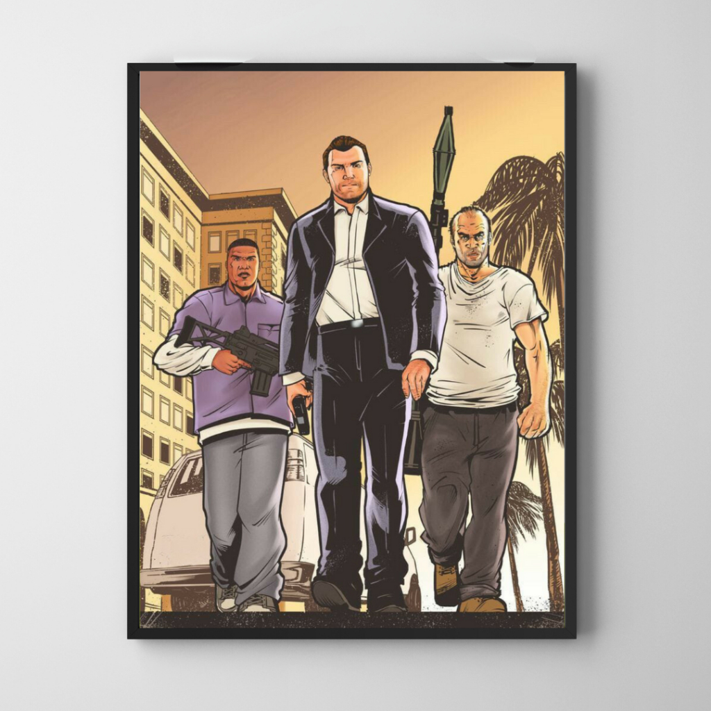 Placa decorativa - Franklin, Michael e Trevor - GTA 5 - Grand Theft Auto V - Jogo - Quadro decorativo - Rockstar