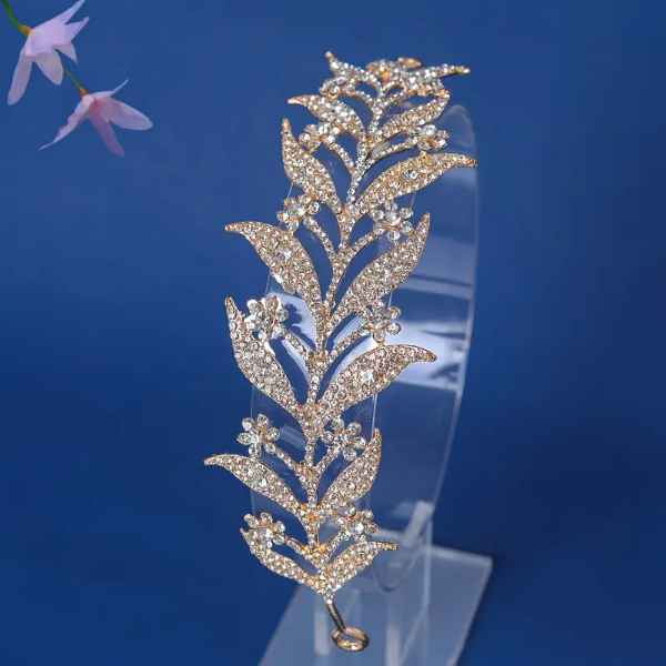 Coroa nupcial de Strass DOURADA tiara de design de folha, acessório de cabelo elegante, joia de cabelo para noivas