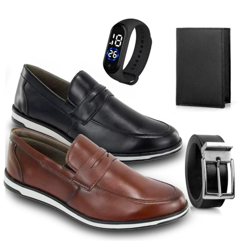 Kit 2 Pares de Sapato Social Masculino Oxford Mocassim Leve Com Solado Costurado e Elastico + Cinto Carteira e Relogio