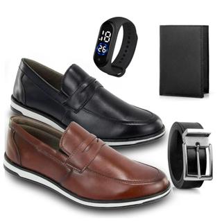 Kit 2 Pares de Sapato Social Masculino Oxford Mocassim Leve Com Solado Costurado e Elastico + Cinto Carteira e Relogio