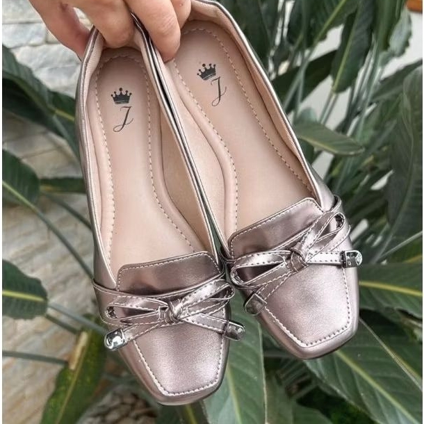 Mocassim Feminino Bico Quadrado Laço Metalizado Prata Velho Sapatilha Feminina Casual Elegante