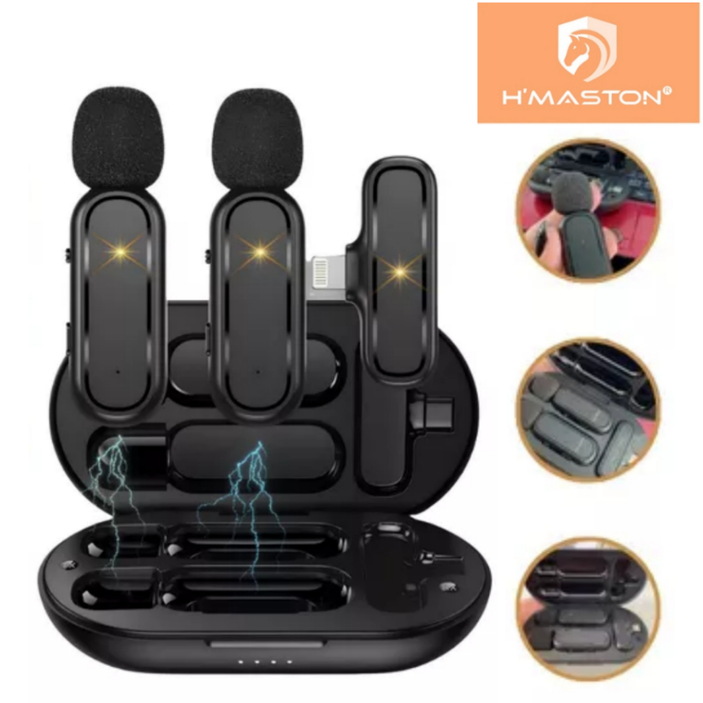 *LANÇAMENTO 2024* Microfone de Lapela Duplo MK08 Sem Fio Case Recarregável Para IPhone 15 / 15 PRO/ 15 PRO MAX