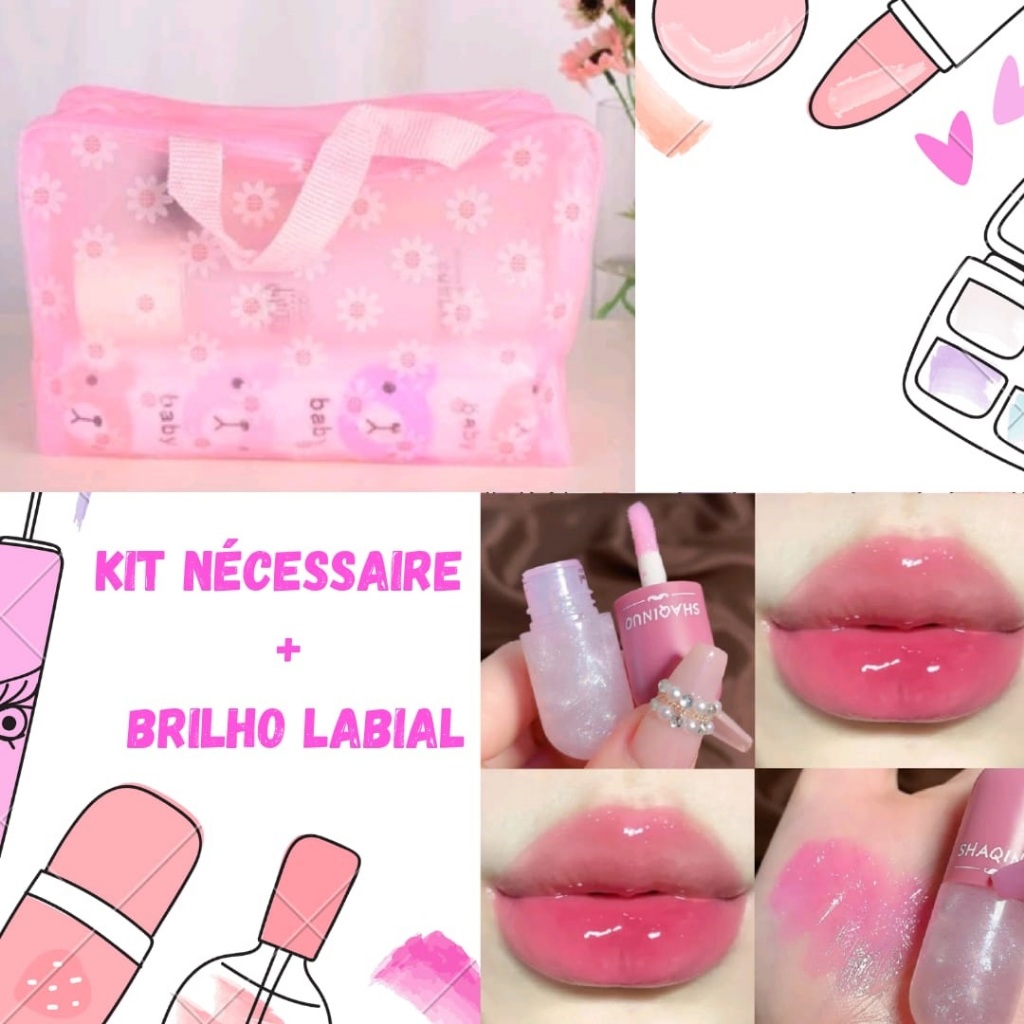 Nécessaire Feminina Nécessaire Floral Nécessaire Maquiagem Nécessaire Viagem + Kit com 3 Brilho Gloss Labial Longa Duração