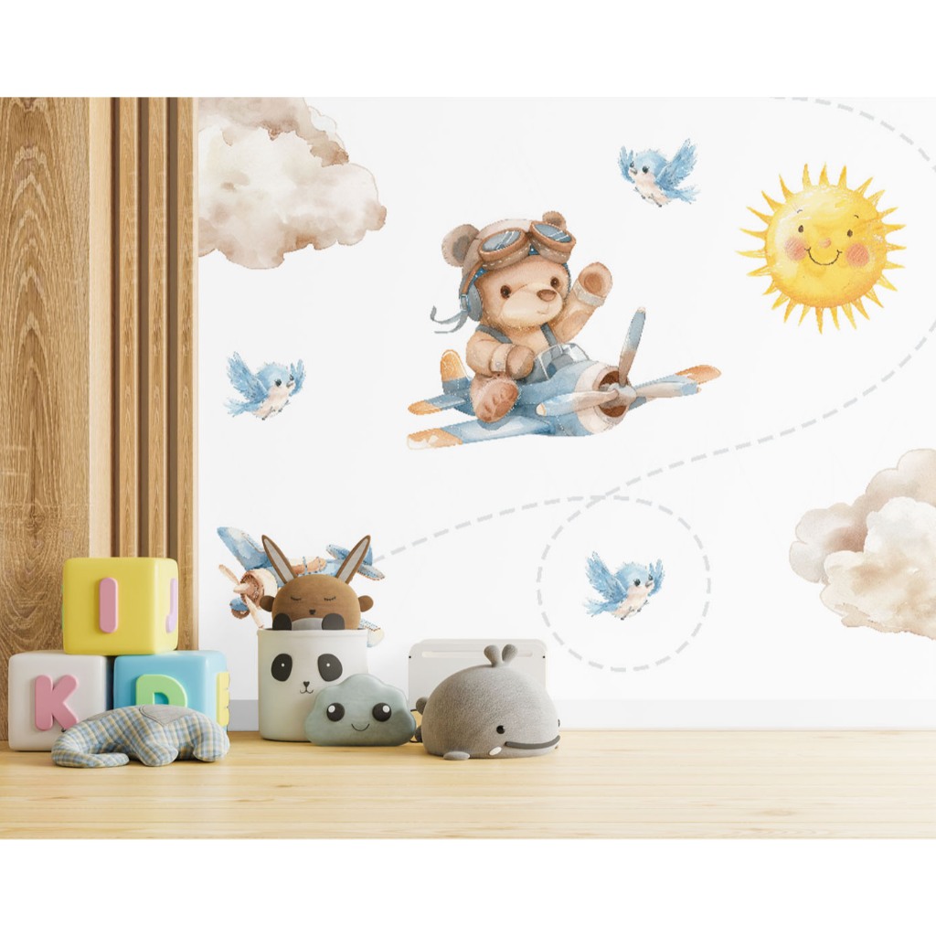 Papel De Parede Ursinho Aviador Passarinho Infantil - vr722- LEIA A DESCRIÇÃO