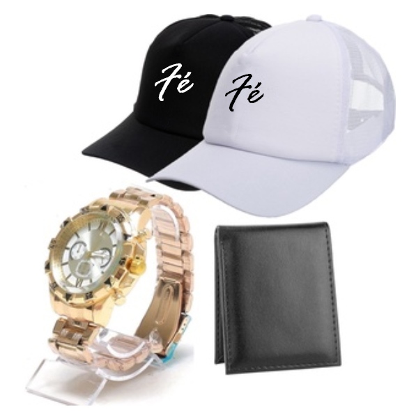 Kit Masculino Presente Relogio luxo aço dourado + bone grife + carteira de couro