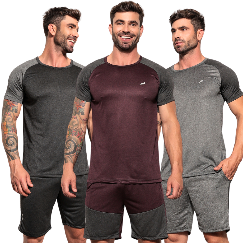 Kit 3 Conjuntos DryFit Masculino | Short + Camisa Academia Liso Básico Treino Fitness