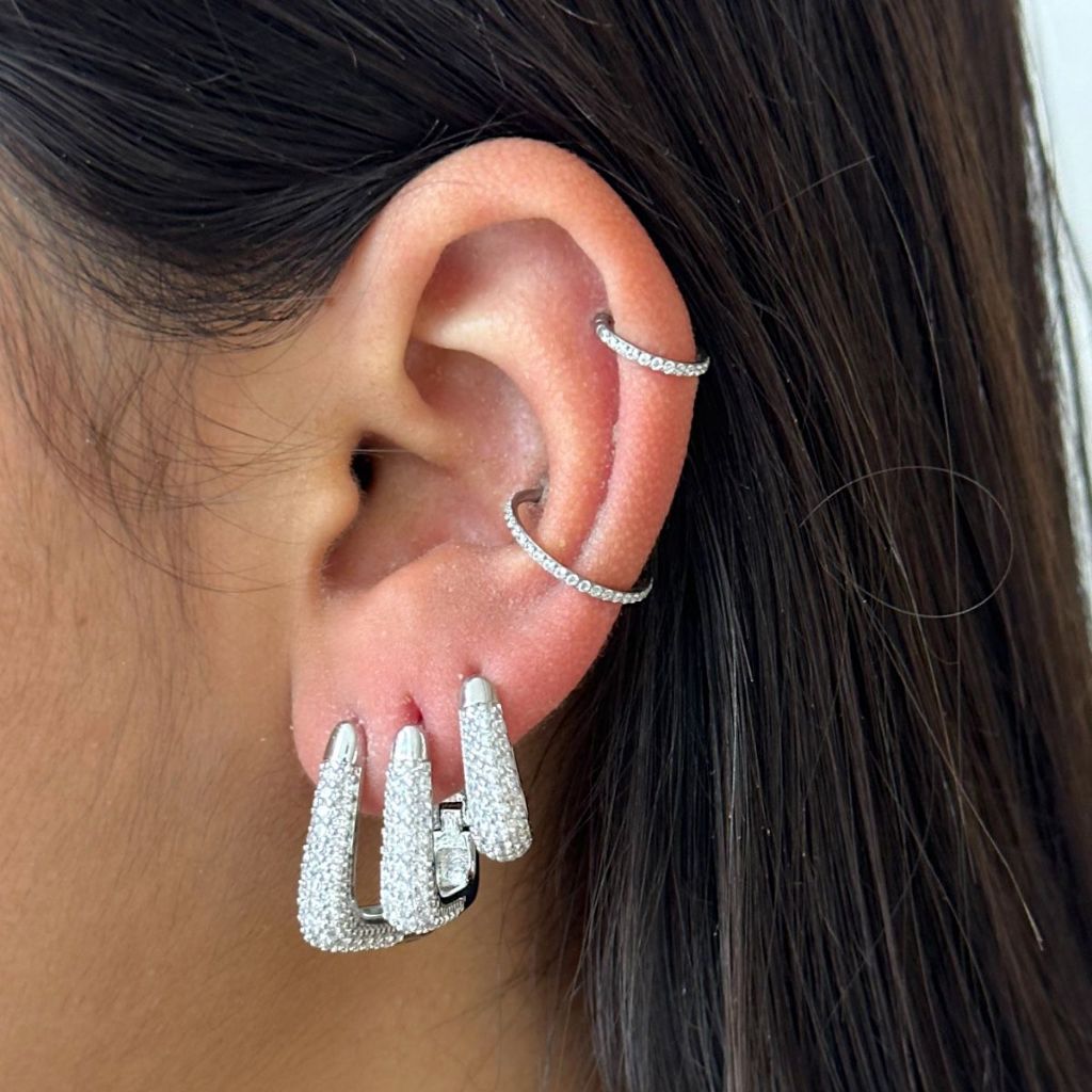 Trio Brincos Argola Triângulo Cravejado Zircônia Banhado a Prata em Oferta na Shopee