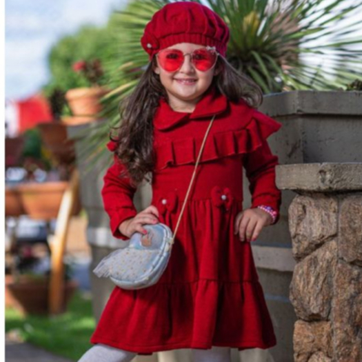 Vestido Infantil de Inverno Com Boina Manga Longa Infantil
