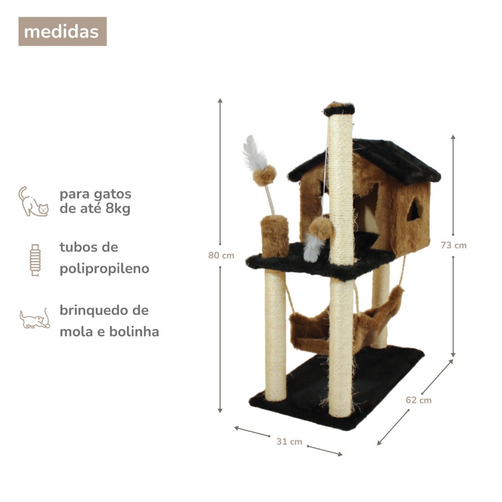 Kit Arranhador 2 Bases e Casa com Rede Sisal para Gato