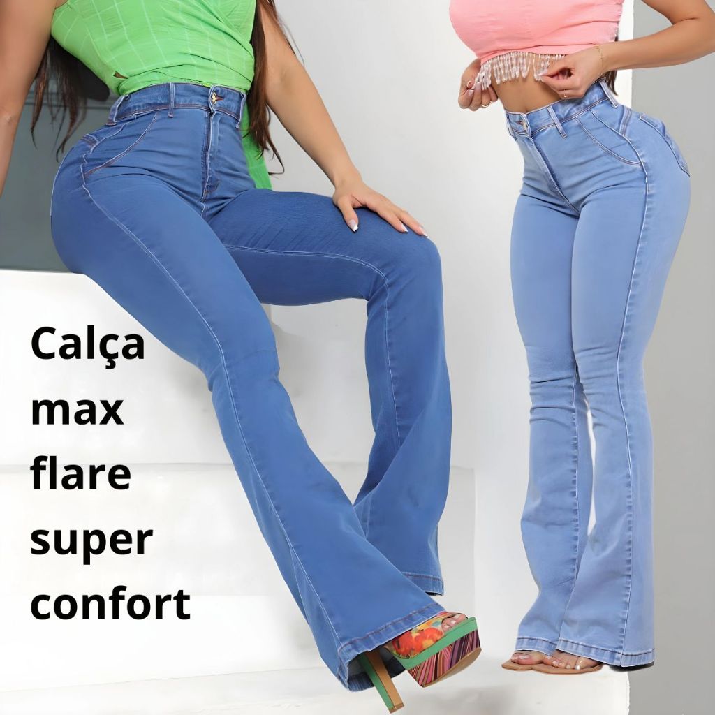 Calça Max Flare Pantalona Preta Feminino Com 3% Elastano Luxo Levanta Bumbum Cintura Alta Super Confortável em Oferta na Shopee
