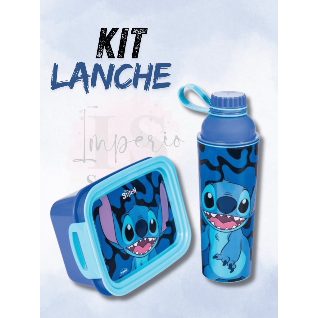 Kit Lancheira Infantil - Garrafa e Marmita Hermética, Com Divisória Removível Stitch - Lilo & Stitch