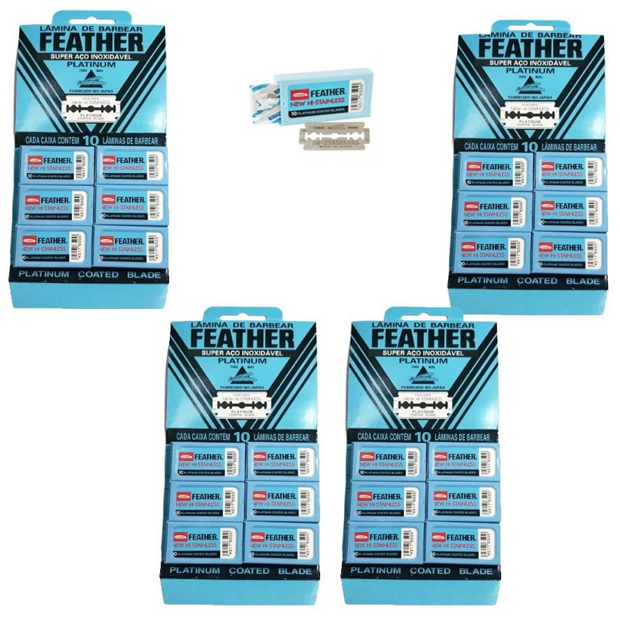 4 Cartelas Lâmina Para Barbear Feather Platinum Aço Inoxidável C/ 60un Cada