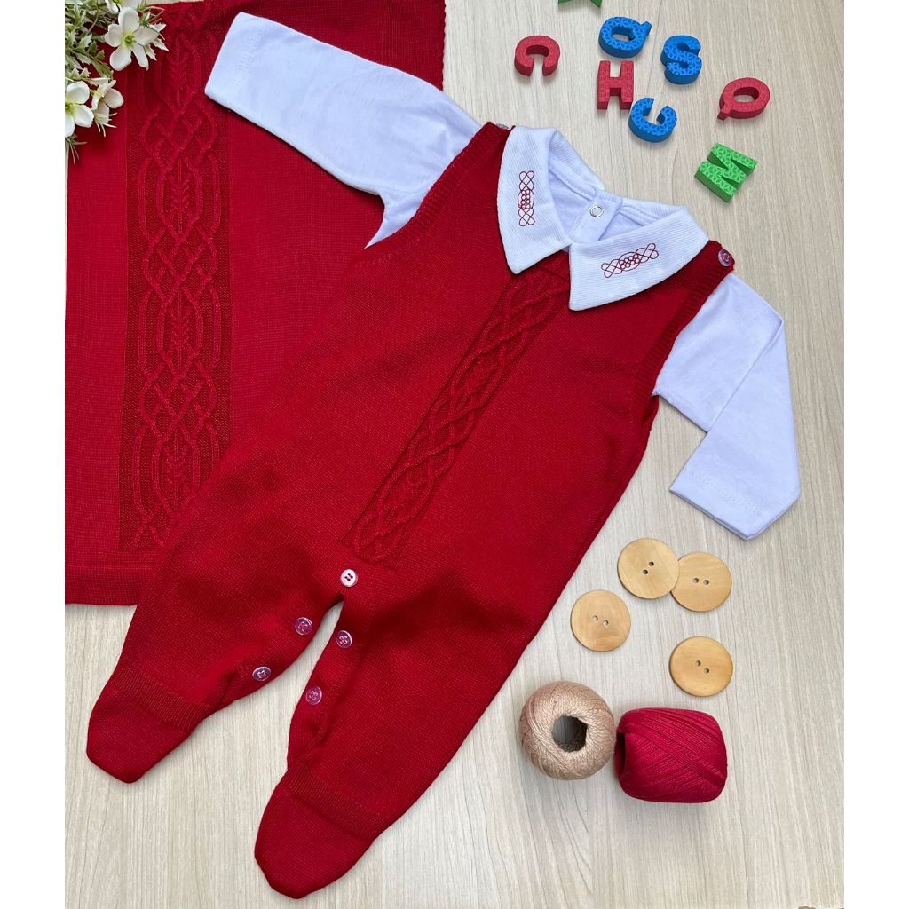 Saída de maternidade Benicio vermelha em tricot 3 peças