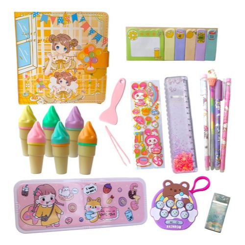 Kit Papelaria Fofa Criativa Material Escolar Escritório Estojo com Senha Caderno Marca-Texto Colorido Régua com Glitter Caneta Gel Lápis Infinito Borracha Kawaii Post-it Bloco de Anotação Adesivo Chaveiro Pop-it Eletrônico Fidget Toys Antiestresse