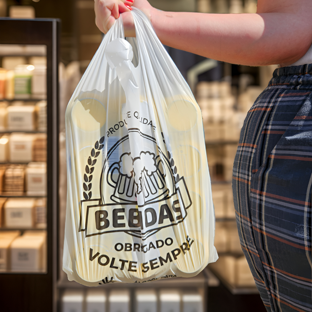 Sacola Plástica Branca Reforçada (40x50) c/ Logo BEBIDAS Volte Sempre Pacote com 100 Unidades ou 2,3KG