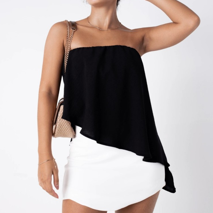 Blusa tomara que caia Cropped Assimetrica Bata Crepe Duna moda blogueira super tendência roupas femininas