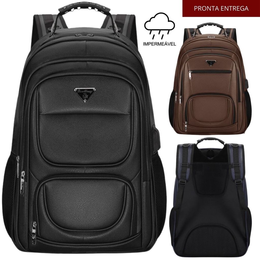 Mochila Couro PU Grande Executiva Para Notebook Trabalho Faculdade Reforçada Cabo De Aco RC-5013-4