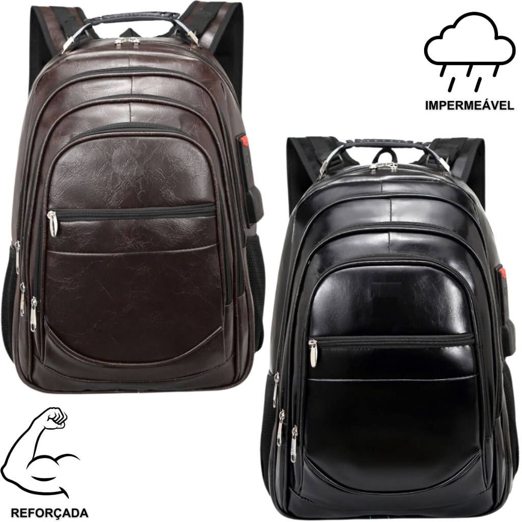 Bolsa Mochila de Couro Universitária Unissex Grande Reforçada Cabo de Aço Média e Grande Preta e Marrom em Oferta na Shopee