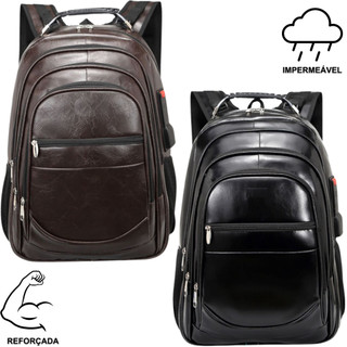 Bolsa Mochila de Couro Universitária Unissex Grande Reforçada Cabo de Aço Média e Grande Preta e Marrom