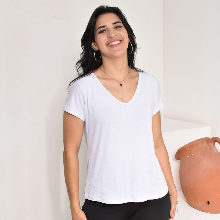 Blusa Viscolycra Gola V Básica Baby Look T-shart