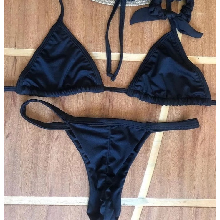 Biquíni cortininha marquinha com calcinha marquinha fio duplo - preto - pretinho básico