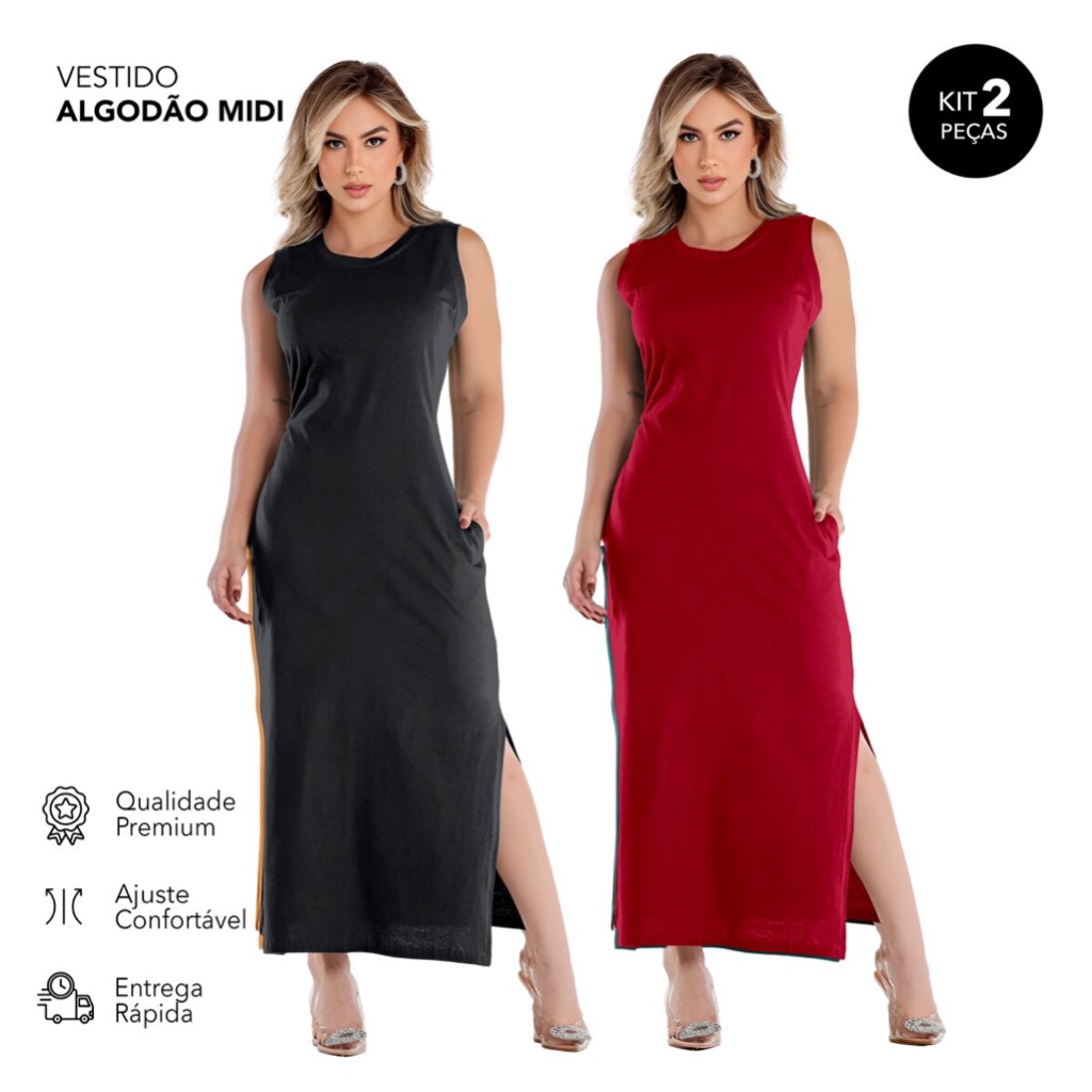 Kit 2 Vestidos de Malha Algodão Midi Casual Basico