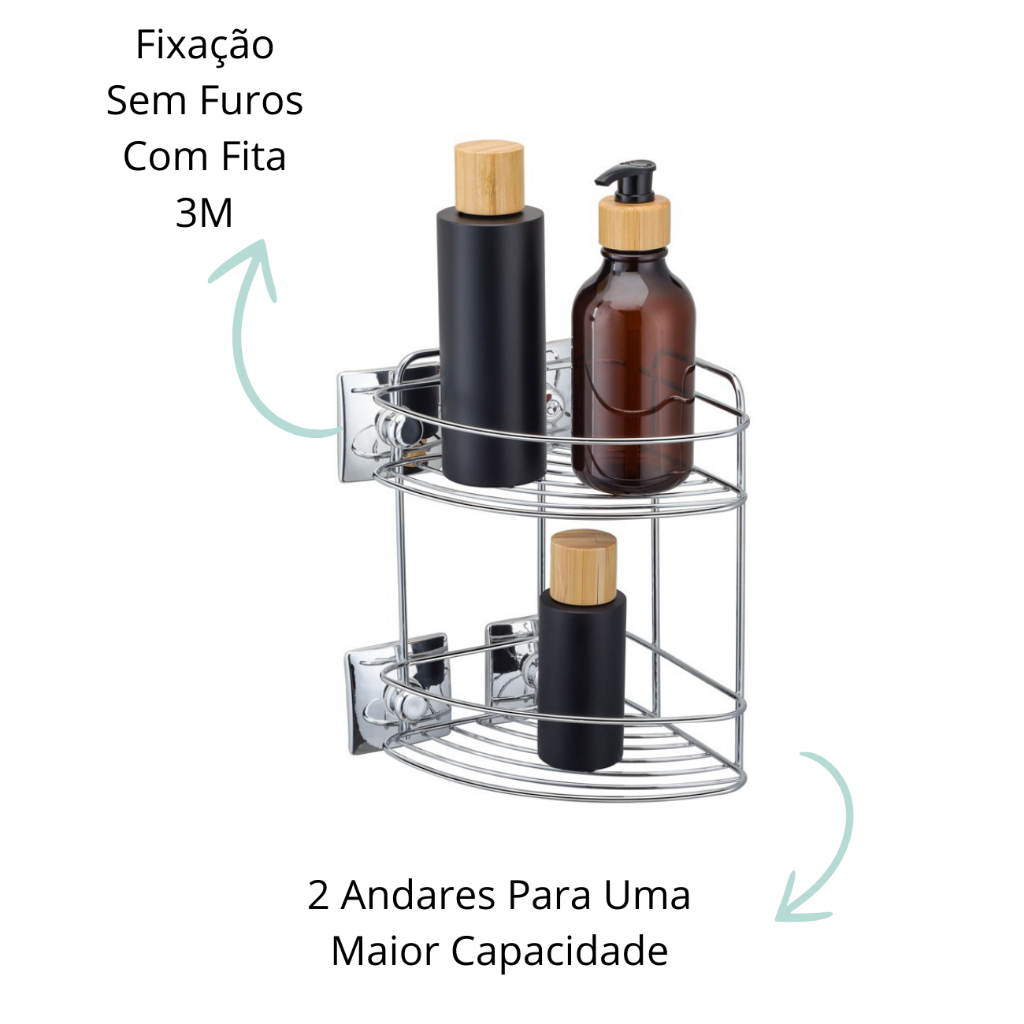 Cantoneira Dupla CROMADA 2 Andares Fixação Dupla face 3M Organizador Prateleiras Box ARTHI 3433