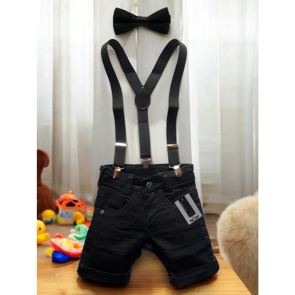 Roupa Infantil Menino Bermuda Short Jeans com Elastano Colorido Preto com Suspensório Bebê