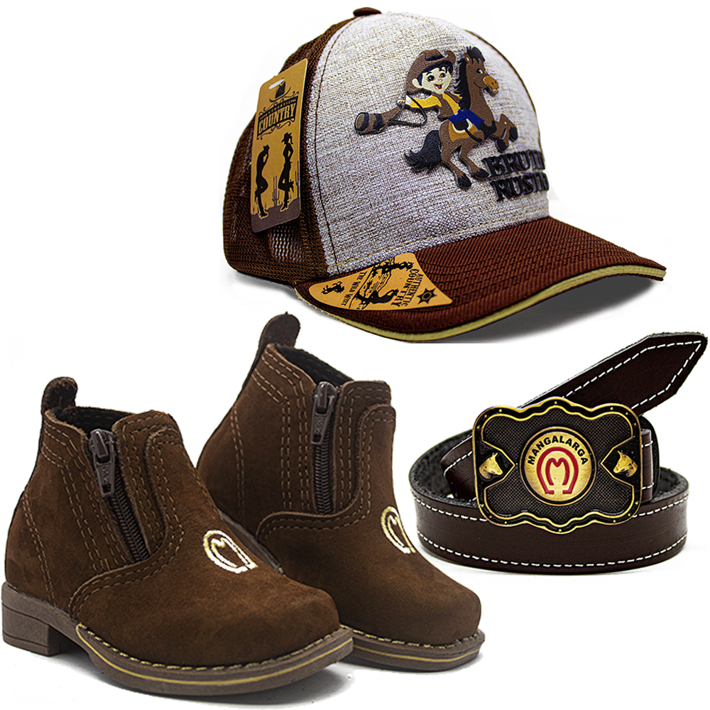 Kit Infantil Botina Country + Bone Cowboy Kids + Cinto Couro Mangalarga CV