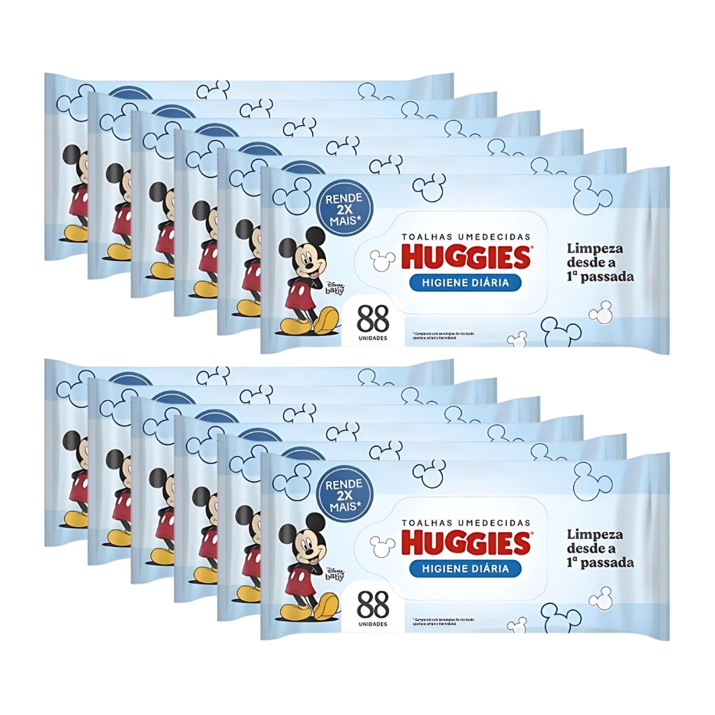 Kit com 12 pacotes de Lenço Toalhinhas Umedecidas Higiene Diária Huggies 88 unidades cada