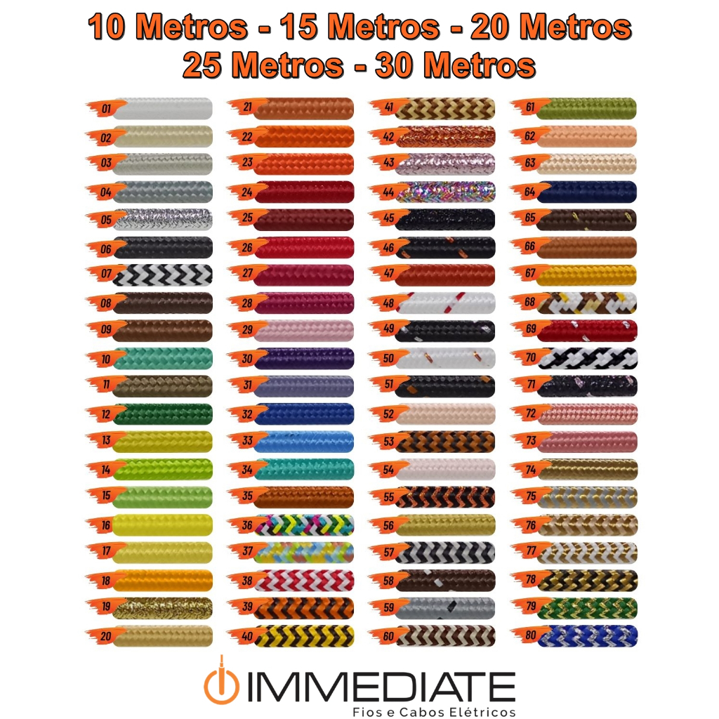 Cabo PP 2x0,50mm² 10m~30m Revestido em Tecido Colorido  - Pronta Entrega