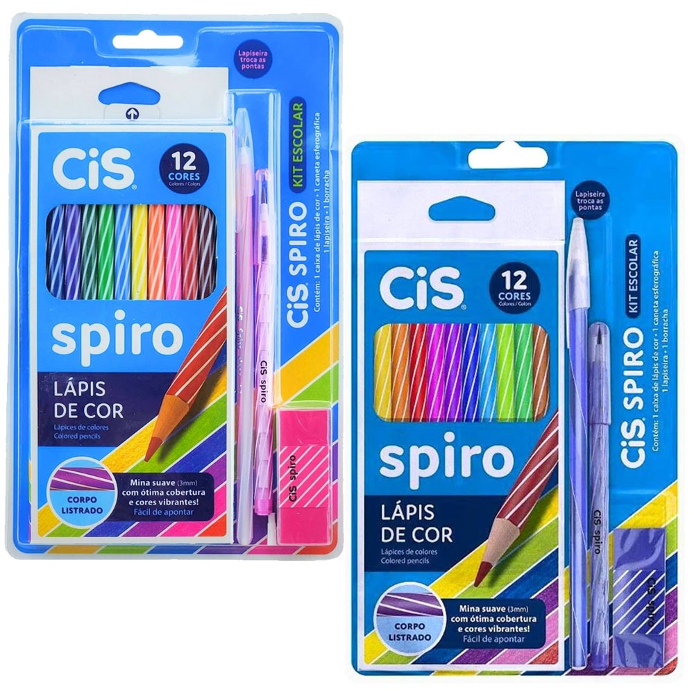 Kit Escolar Cis Spiro Lápis De Cor, Caneta, Lapiseira e  Borracha - Escolha a Cor