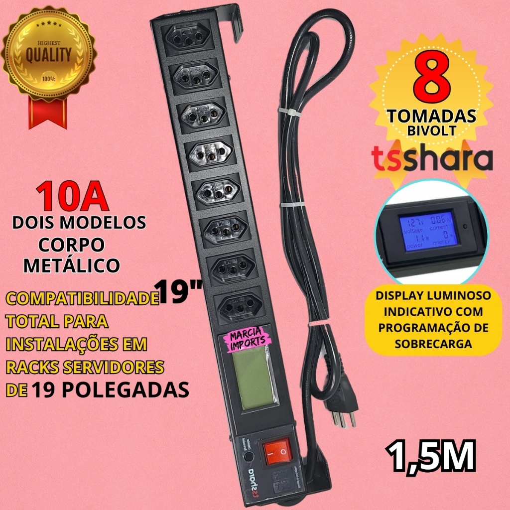 Filtro de Linha Metalico 10Amperes C/Display Suporte c Disjuntor Rearmável com cabo de 1.5metros Ts Shara