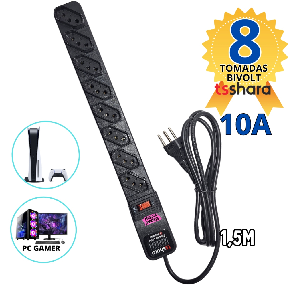 Regua Eletrica de 8Tomadas 10A Bivolt Ts Shara Filtro de Linha com 1,5Metro de cabo com Chave Liga-Desliga